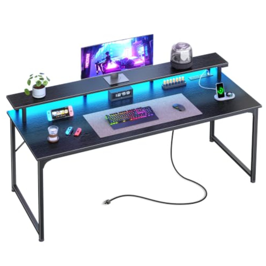 Desk Setup Black And Wood - Gaming Desk with LED Lighting and