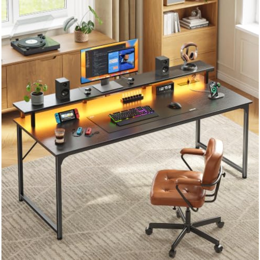 Gaming Desk with LED Lighting  - đánh giá và giá Desk Setup Black And Wood