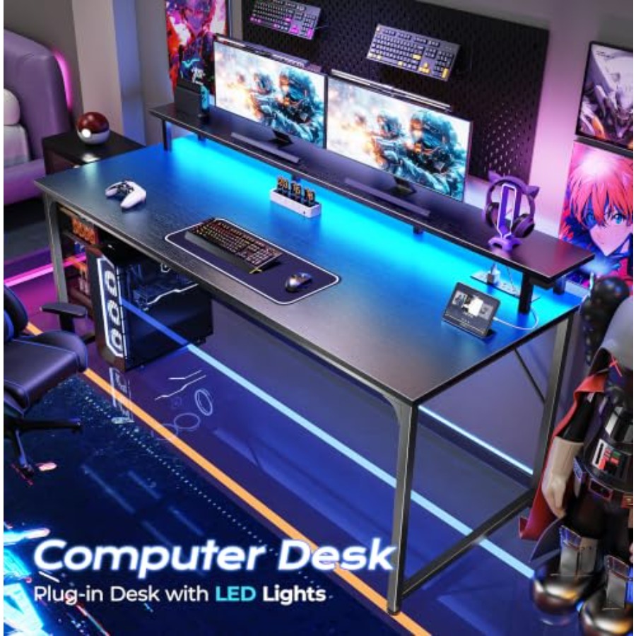 Gaming Desk with LED Lighting  - đánh giá và giá Desk Setup Black And Wood