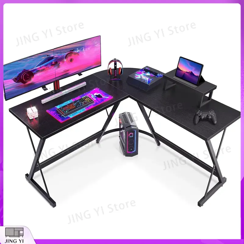 L Shaped Gaming Desk with Moni - đánh giá và giá Desk Setup Black And Wood